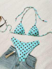 Swim Mod 2026春夏女式吊带露背黑色底白色波点随机印花甜美可爱侧开衩比基尼泳衣两件套 - 彩色 - 查看 2