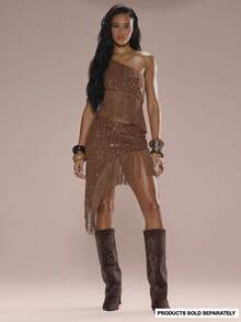 MUSERA 纹理流苏细节不对称亮片半身裙，仅限夏季假期海滩伊比沙岛可爱节日优雅樱桃月 - 棕色 - 查看 1