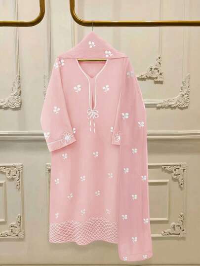 GlowEve New Spring/Summer Women's Fashion Casual Butterfly Print Long Sleeve Robe Dress With Matching Shawl, 2 Pieces Set