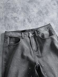 Manfinity EMRG 男士高街美式街头风渐变水洗水钻装饰宽松阔腿裤，送给男友和老公的完美节日礼物，男士水钻牛仔裤灰色宽松牛仔裤 - 黑色 - 查看 2