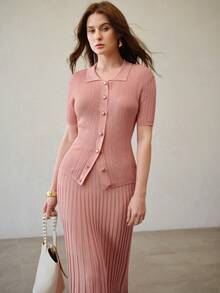 MOTF PREMIUM WOMEN'S BUTTON UP SHORT SLEEVE SWEATER, SPRING/SUMMER - Khaki - View 6