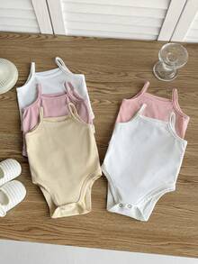 SHEIN Pelele de punto de unicolor lindo de verano para bebé recién nacida, multicolor - Rosa - Ver 4