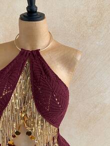 Soleia Vestido de punto sexy con escote halter, calado y con lentejuelas y flecos para mujer - Burdeos - Ver 3