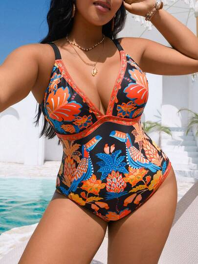 Swim Vcay Plus Size One-Piece Swimsuit, Women's Summer Bohemian Tropical Floral Print Deep V-Neck Sexy Jumpsuit Swimwear, Spaghetti Strap High Cut Leg Design, Suitable For Beach Vacation And Holiday Party