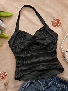 SHEIN Áo croptop cổ yếm họa tiết sao biển trắng | Áo kiểu ôm sát nhún bèo có nơ rời, phù hợp cho bé gái tuổi teen, dáng croptop với họa tiết sao biển và dây chuyền ngọc trai | Phong cách biển cả ngọt ngào, thiết kế cổ yếm thanh lịch + nơ rời | Kiểu dáng linh hoạt, chất liệu vải ôm sát nhún bèo có thể điều chỉnh | Dáng áo ôm sát không bó sát, thoải mái và thời trang - màu đen - Xem 2