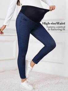 SHEIN Maternity Casual Patchwork Stretchy Knit Skinny Fit Jeans - Dark Wash - View 8