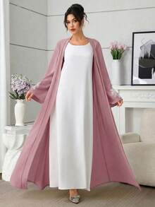 Al Najma Embroidered Beaded Long Sleeve Abaya For Women - Dusty Pink - View 7
