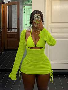 Vaytide 1件春夏新款荧光绿纹理面料高弹性感镂空侧边修身紧身连衣裙，适合派对、郊游、航海、度假、海滩等场合，女士浪漫度假罩衫，荧光绿性感连衣裙 - 綠色 - 查看 6