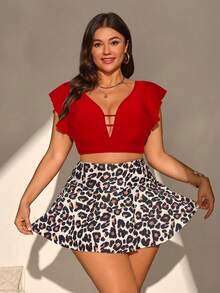 SHEIN Swim Curve Plus Size Women's Random Leopard Print Slimming Tankini Swimsuit - Burgundy - View 4