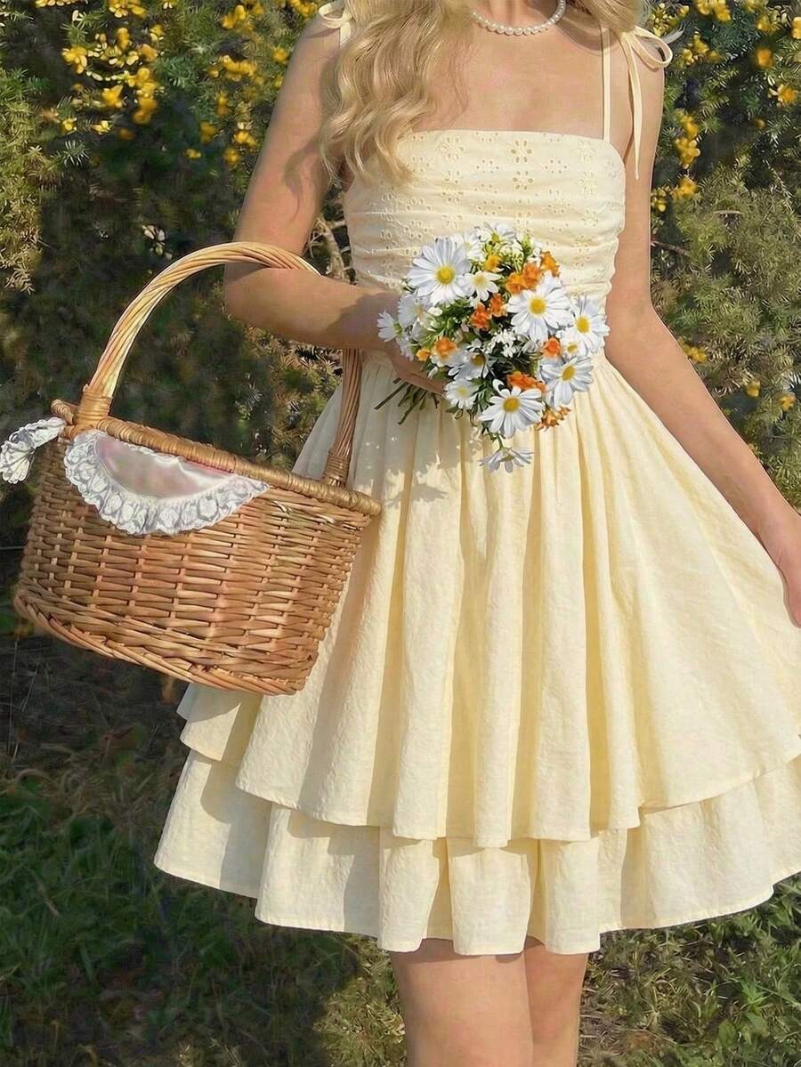 SHEIN 少女优雅编织吊带连衣裙 - 杏色 - 查看 1