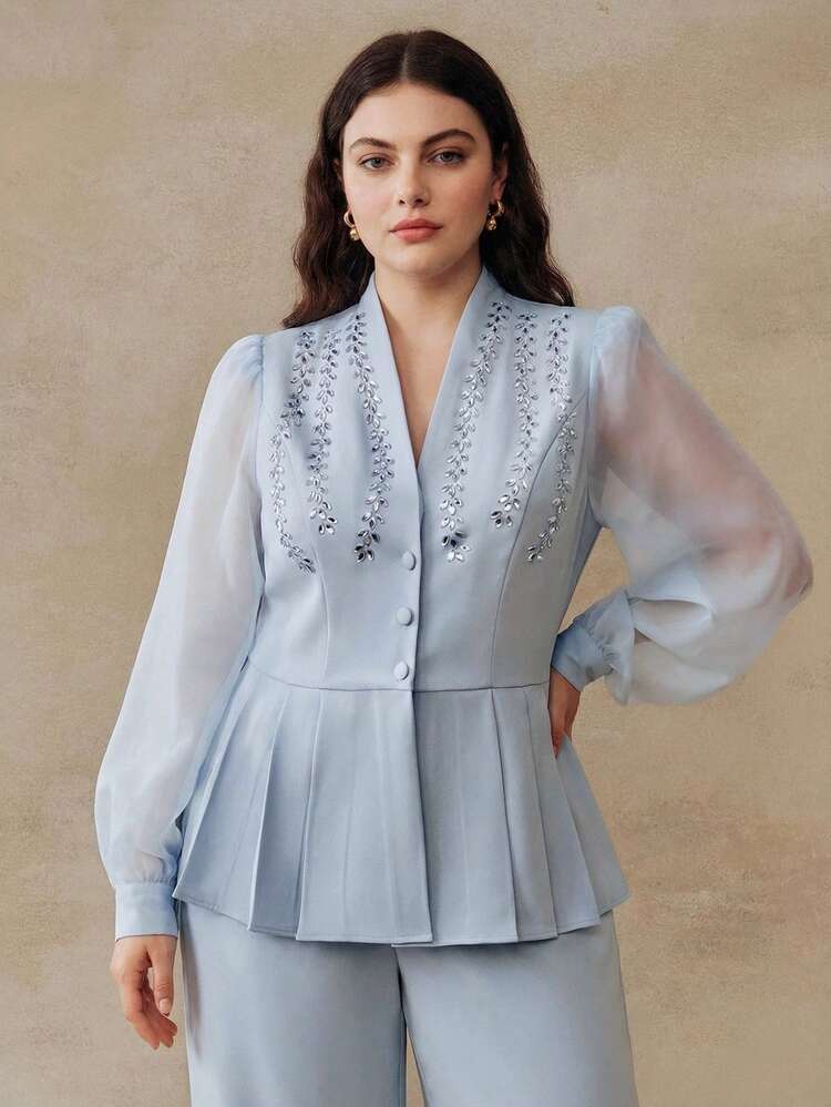 This Plus-Size Elegant Sequined Embroidered Slim-Fit Casual Women's Suit From Anewsta Features Breathable Mesh Sleeves And Is Suitable For Everyday Wear, Commuting, Or Parties.