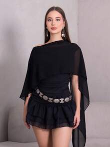 Duda Rubert Áo len dệt kim cổ bẻ lệch vai cho nữ, áo len ôm dáng thanh lịch, mùa thu/đông - màu đen - Xem 4