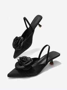 Eladyva Chaussures à bout pointu minimalistes de couleur unie pour femmes, polyvalentes, élégantes, convenant pour les banquets avec des talons hauts confortables et à la mode en matière de satin avec décoration florale - Noir - Voir 6