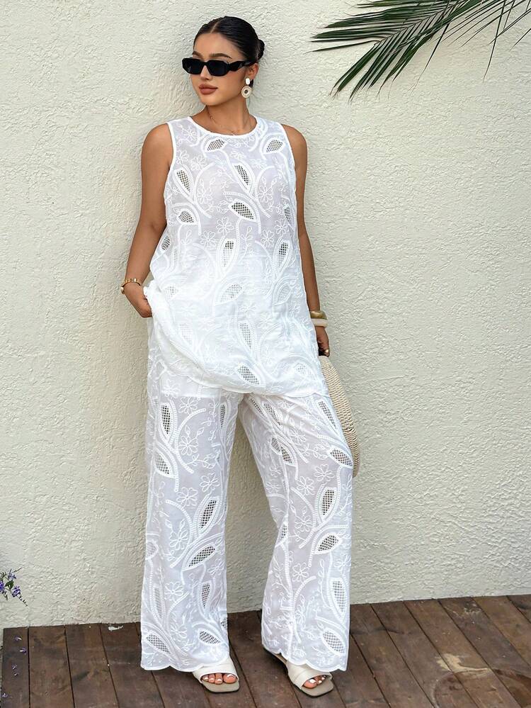 Dazy Plus Lace Hollow-Out Textured Fabric Maxi Camisole Dress & Wide Leg Pants Set, Elegant Summer Vacation Outfit For Plus Size Women