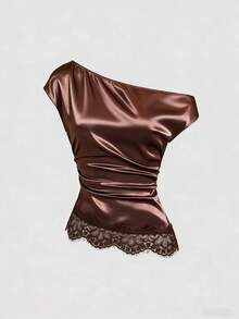 Sweetra Petite Áo kiểu dáng ôm sát, eo nhún bèo, phối ren, chất liệu satin, màu cà phê, thích hợp cho phái nữ nhỏ nhắn, phong cách xuân/hè. - Cà phê nâu - Xem 3
