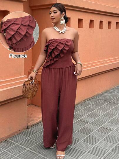 Weeklong Plus Size Women's Casual Vacation Multi-Layer Ruffle Decor Backless Bandeau Top And Wide Leg Pants Set, Spring/Summer