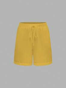 SHEIN LUNE CURVE Plus Size Washed Cotton Cinched Waist Backpocket Button Decor Cropped Women Shorts - Yellow - View 7