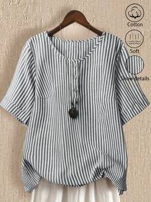 SHEIN LUNE 大码女士亚麻条纹圆领前开襟七分袖休闲度假衬衫 - 黑與白 - 查看 1