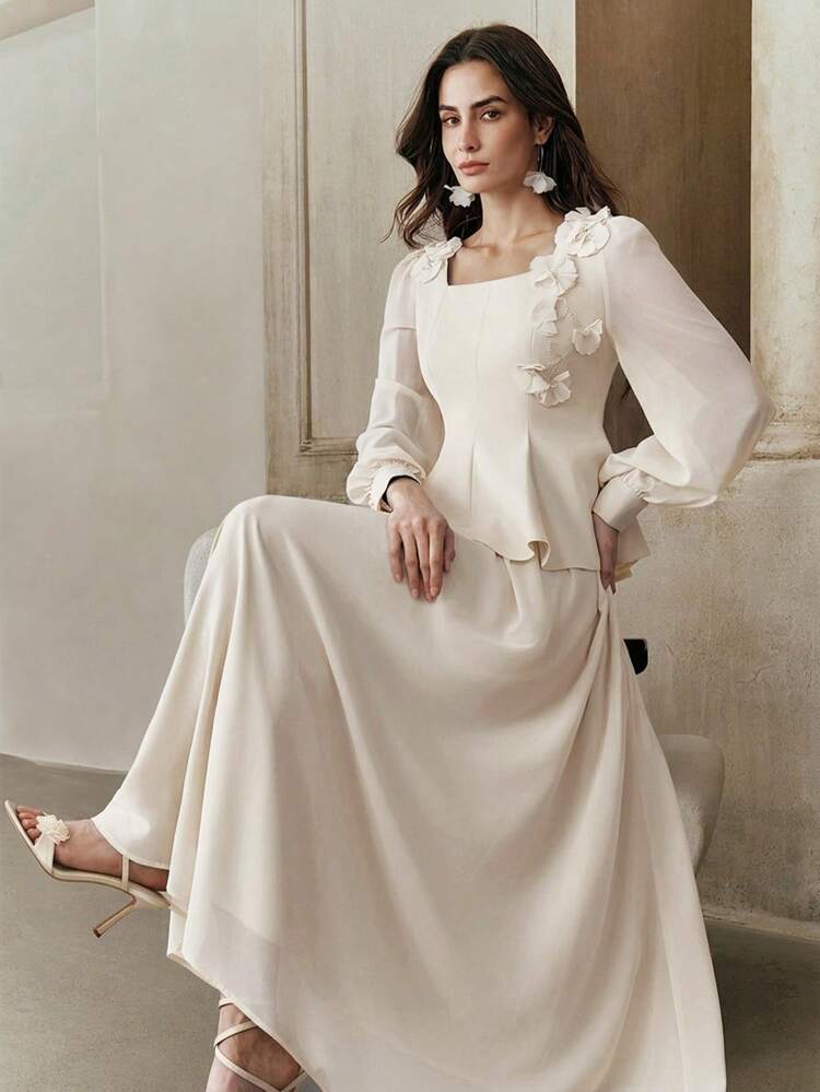 Women's Elegant Fashion New Year Holiday 3D Floral Embroidery Decor Long Sleeve Dress For Dates & Parties, Spring/Summer