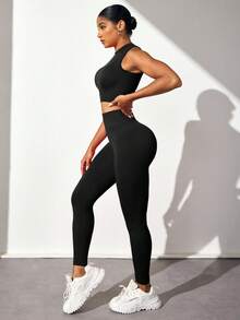 Velisys Bộ đồ thể thao nữ màu trơn không đường may gồm áo cổ tròn không tay và quần dài, thích hợp cho dịp Tết Nguyên Đán, phong cách Y2K, bộ quần áo tập luyện và đồ tập thể dục nữ 2 món, bộ đồ tập gym nữ, bộ đồ tập thể dục cho nữ. - Nhiều màu - Xem 7