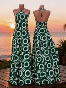 Lunelith SHEIN Lunessa Women's Geometric Print Halter Neck Sleeveless Dress - Green - View 1