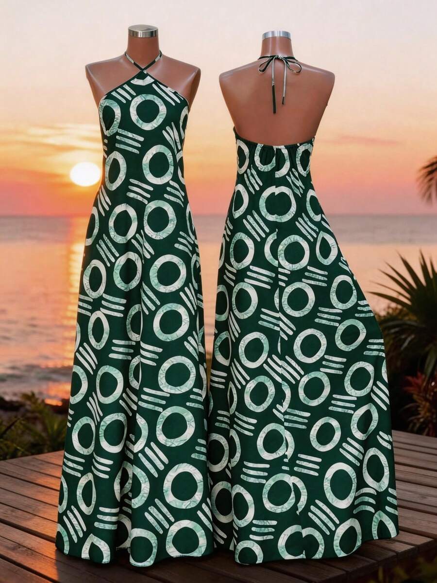 Lunelith SHEIN Lunessa Women's Geometric Print Halter Neck Sleeveless Dress - Green - View 1