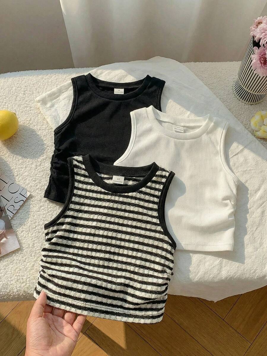 SHEIN 3件套少女针织圆领褶皱休闲背心套装 - 彩色 - 查看 1