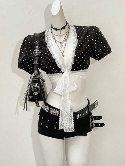 SHEIN Jeanoir Crop top de mujer con parches de encaje y lunares, de manga corta, en color negro y blanco, adecuado para primavera, verano y otoño