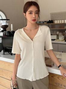 DAZY Lettuce Trim Button Front Tee Summer - Apricot - View 6
