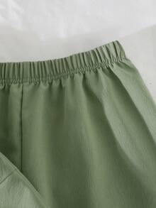 SHEIN Tween Girl Sage Green Summer Casual Elegant Tropical Vacation Solid Color Pleated Round Neck Top And Elastic Waist Wide Leg Pants Two Piece Set - Green - View 5