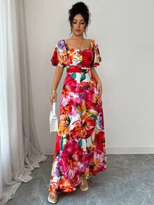 SHEIN Raffinéa 女士碎花图案甜心领荷叶袖优雅连衣裙 - 紅色 - 查看 3