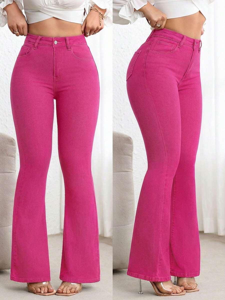 SHEIN PETITE 女士休闲喇叭口袋牛仔裤 - 玫瑰紅 - 查看 1
