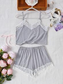 SHEIN 女童睡衣套装，优雅蕾丝拼接条纹印花面料，吊带蝴蝶结上衣搭配短裤，夏季舒适家居服 - 灰色 - 查看 8