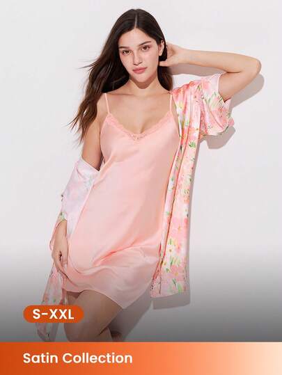 LUVLETTE Sweet Romantic Light Pink Satin Nightgown - Lace-Trimmed Camisole Sleep Dress Charming Romantic Lounge Wear Sexy Lingerie Slip Dress Pyjama