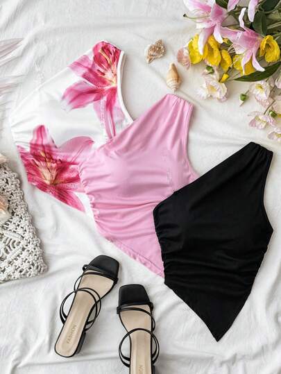 Tween Girls 3pcs Vacation Casual Asymmetric Hem Asymmetrical Shoulder Top,Tank Tops Casual Asymmetric Floral Print Blouse, Suitable For Vacation Suitable For Back To School, Afternoon Tea, Casual, Beach Wedding Guest, Graduation Brunch, St. Patrick's Day, Spring Break, Easter, Music Festival, Elegant Boho Tropical