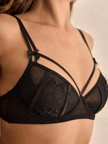 Charlaine Black Lace Patchwork Sheer Underwire Romantic French Style Elegant Refined Ladies Bra - Black - View 4
