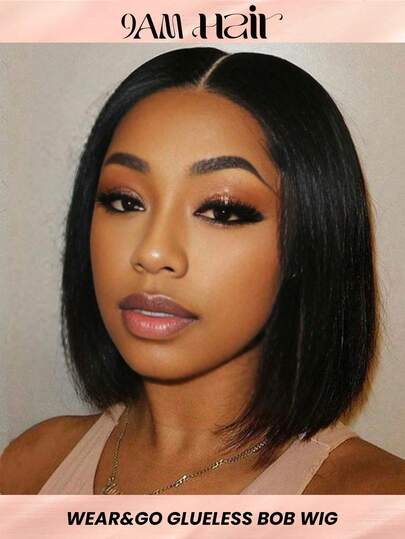 4x4 Glueless Transparent Lace Bob Wig Straight Natural Black Color Wear&Go Bob Lace Closure Wig 6-12 Inch Pre-Cut 180% Density Beginner Friendly Human Hair For Women