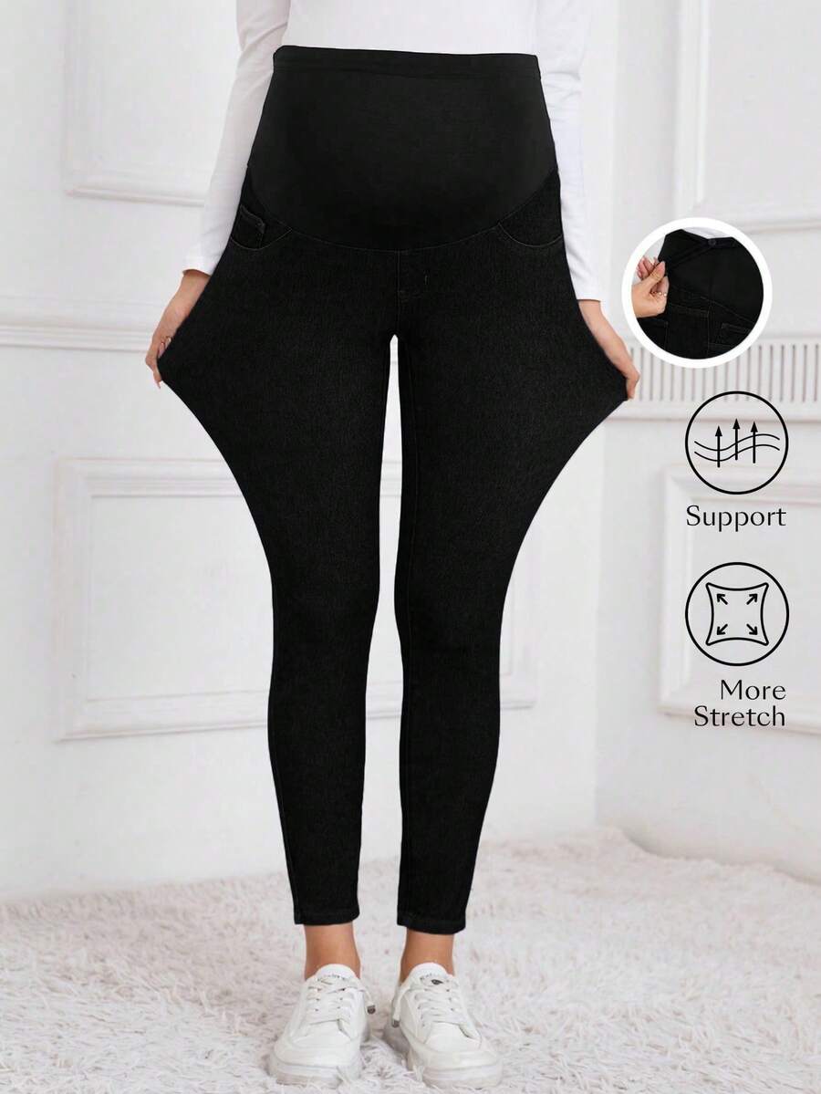 SHEIN Vaqueros minimalistas de embarazo de cintura alta y unicolor, para uso diario casual - Negro - Ver 1