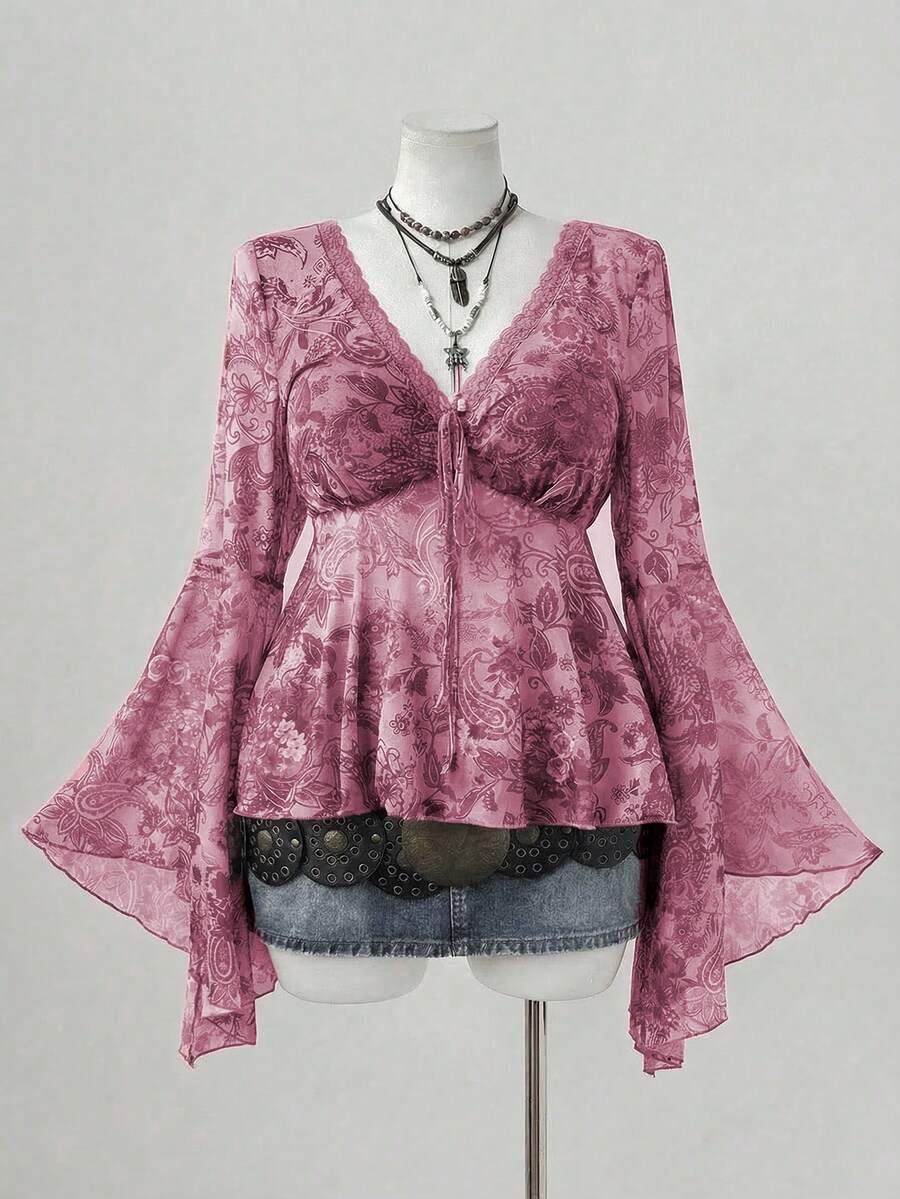 Sunspun Plus Size V-Neck Floral Lace Patchwork Flare Sleeve Top - Baby Pink - View 1