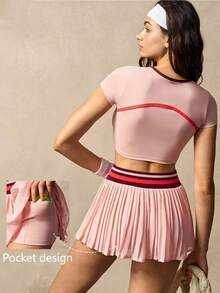 VARSIVA Women's Cropped Top With Contrast Striped Pleated Mini Skirt Pants Sports Suit - Multicolor - View 12