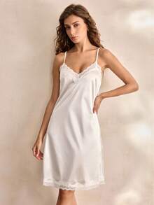 Charlaine 1pc White Lace Trim Sexy & Elegant Camisole Nightgown For Women - White - View 1
