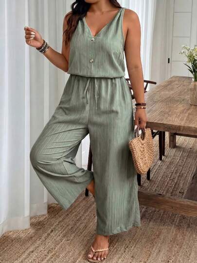 SHEIN Frenchy Mono de talla grande con textura de crepé en tonos tierra, con cintura anudada y escote en V