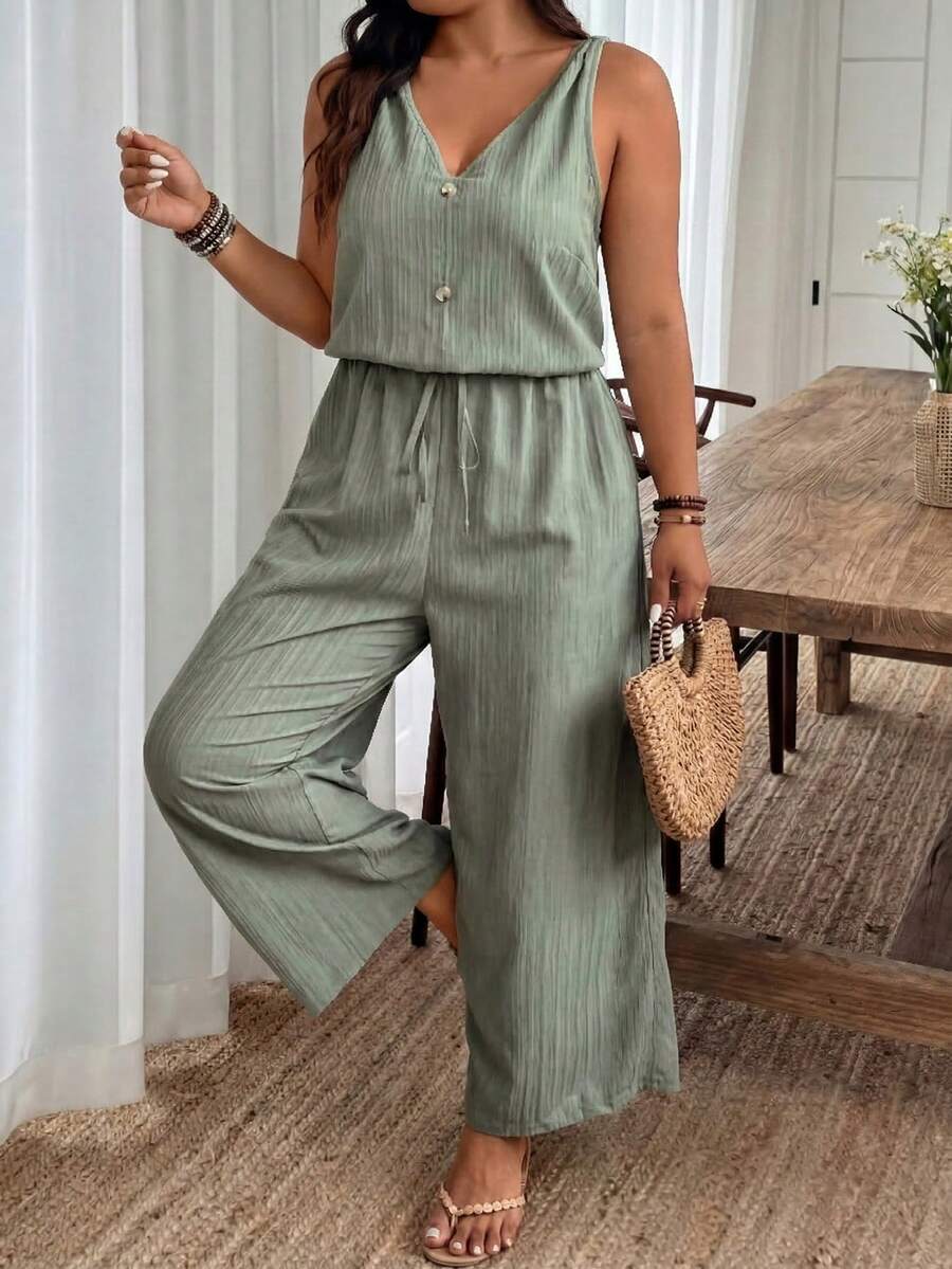 SHEIN Frenchy 大码泥土纹理绉布吊带连体裤，带蝴蝶结腰部和 V 领 - 綠色 - 查看 1