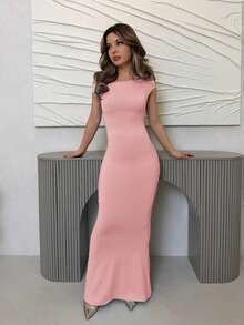 Jemour 夏季服装、日常约会和旅行装、派对装、优雅女士内衣、外出装、斜肩不对称加长鱼尾裙、俱乐部女士装、约会装、宴会礼服 - 粉色 - 查看 5