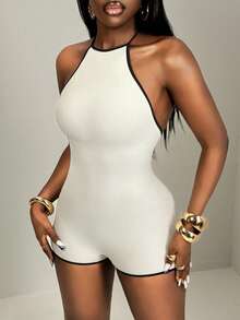 BamGleam 无缝针织饰边撞色性感连体裤 - 米色 - 查看 9