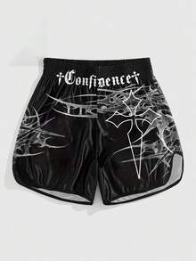 Men's Letter & Cross Print Casual Versatile Daily Wear Shorts - Black - View 1