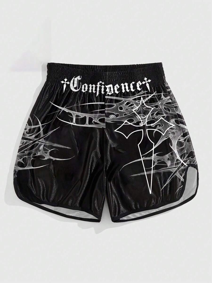 Men's Letter & Cross Print Casual Versatile Daily Wear Shorts - Black - View 1