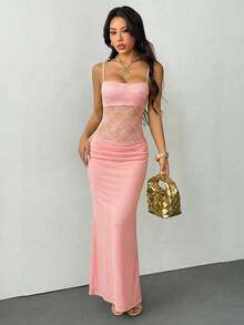 SHEIN PETITE 女士吊带蕾丝透视连衣裙，性感派对装、约会装、节日装，适合秋冬季节，可作内搭。 - 粉色 - 查看 3