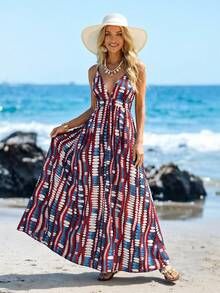 Sylviya Women's Summer Red White And Blue Geometric Print Maxi Dress,Boho Casual V Neck Sundresses For Vacation,Holiday Beach Outfits,Cruise Hawaii Dresses - Multicolor - View 2