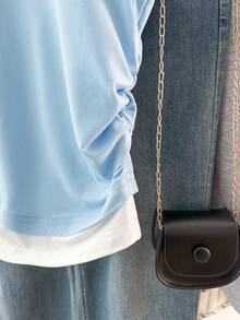 Resyla Women's Casual 2 In 1 Short Sleeve Ruched T-Shirt, Summer - Baby Blue - View 7